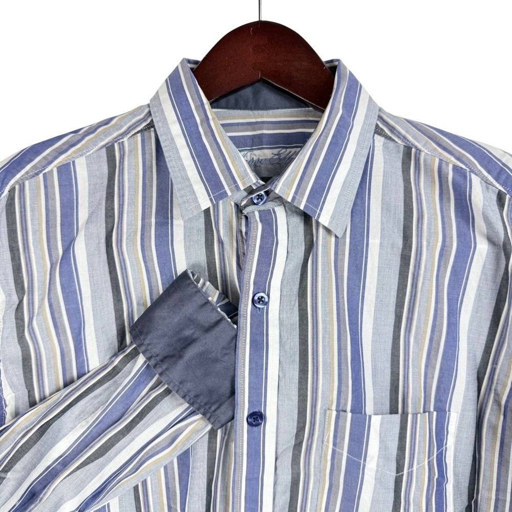 Tasso Elba Button Down Mens L Blue Grey Striped Cotton Long Sleeve Preppy Office